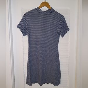Blue Striped Mini Dress High Neck Tight XL Stretch